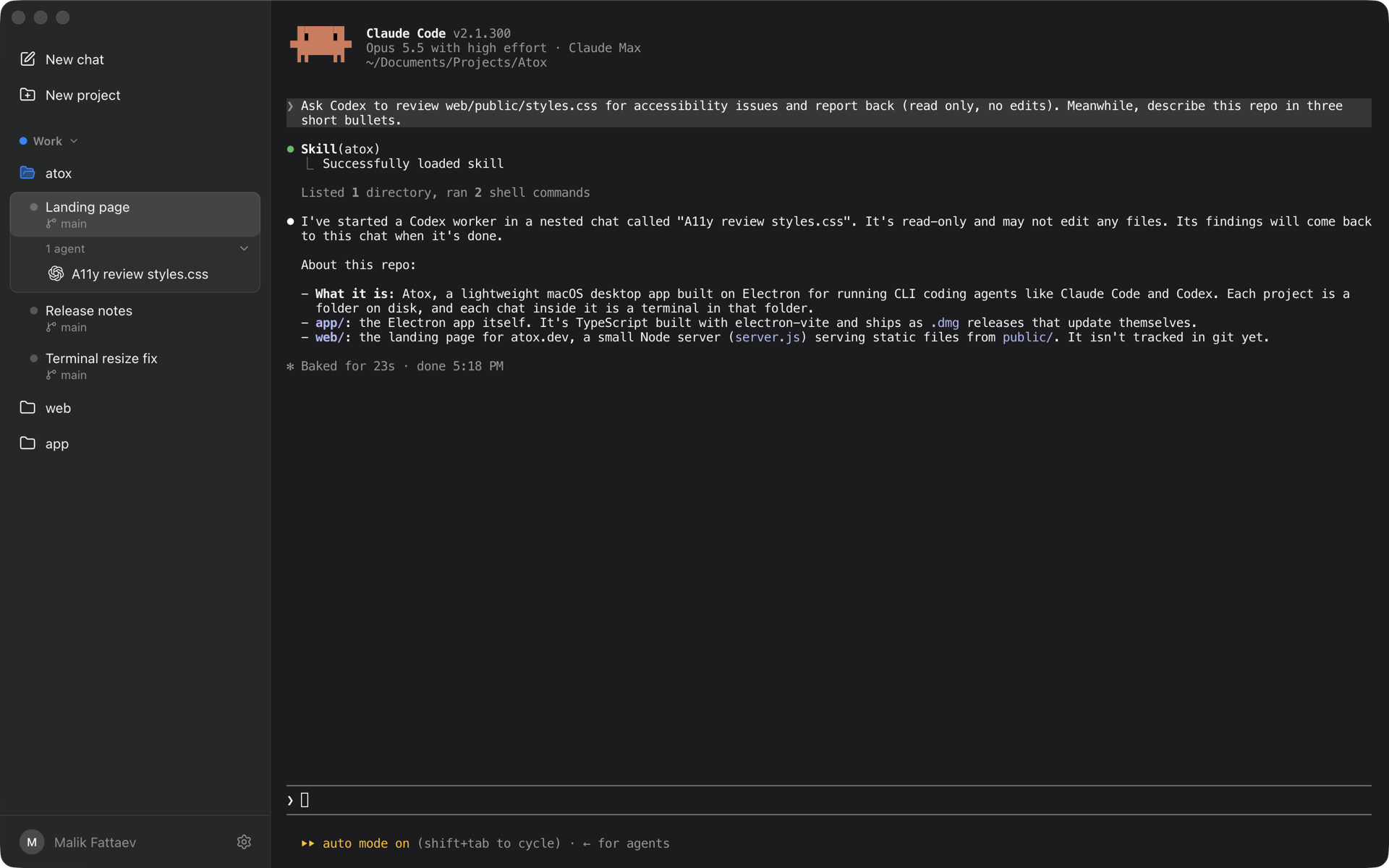 Atox: a Claude Code chat that started a Codex worker, shown under it in the sidebar